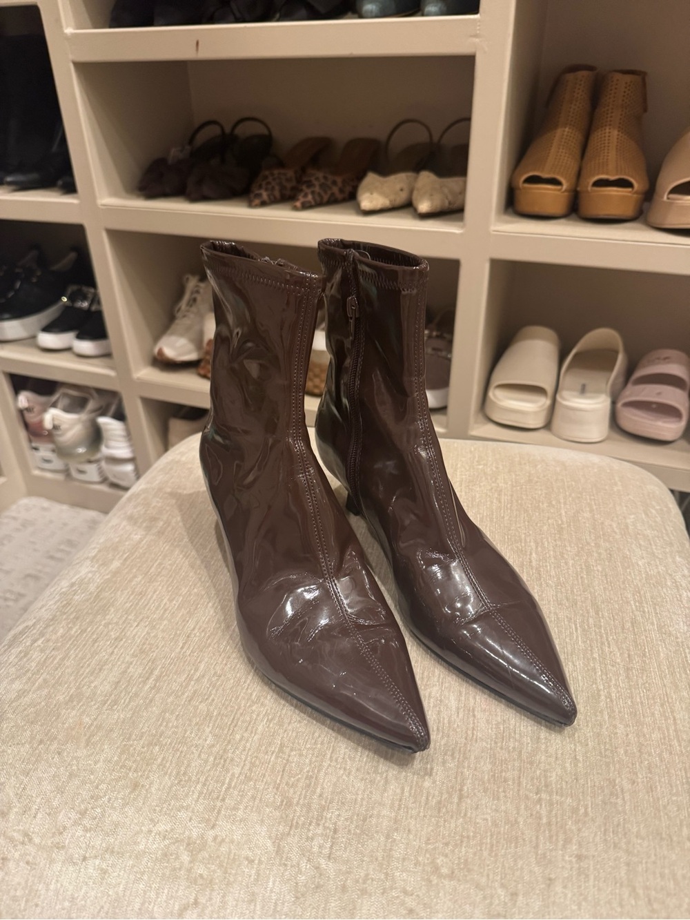Open Edit Rhila Patent Pointed-Toe Ankle Booties in Dark Brown